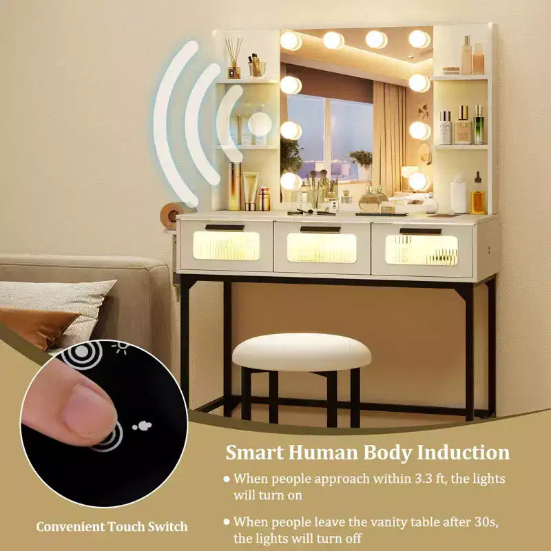 Coiffeuse avec miroir et lumières, éclairage à induction 3 couleurs