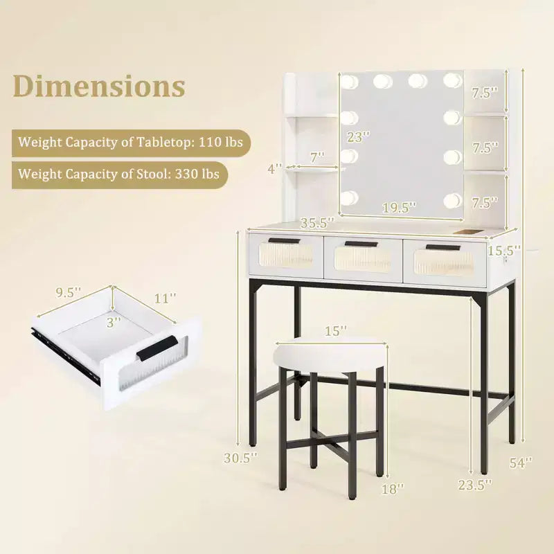 Coiffeuse avec miroir et lumières, éclairage à induction 3 couleurs