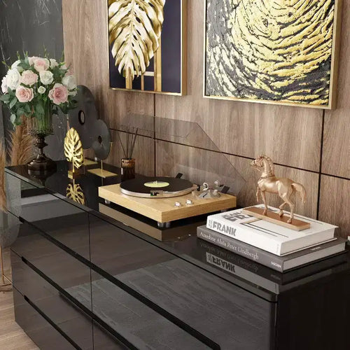Commode 8 tiroirs avec éclairage intégré, finition brillante, style moderne