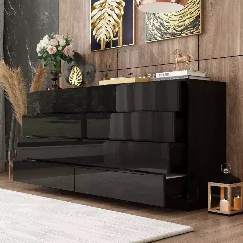 Commode 8 tiroirs avec éclairage intégré, finition brillante, style moderne