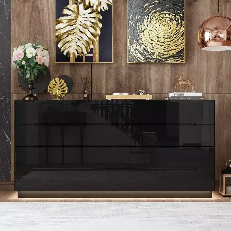 Commode 8 tiroirs avec éclairage intégré, finition brillante, style moderne