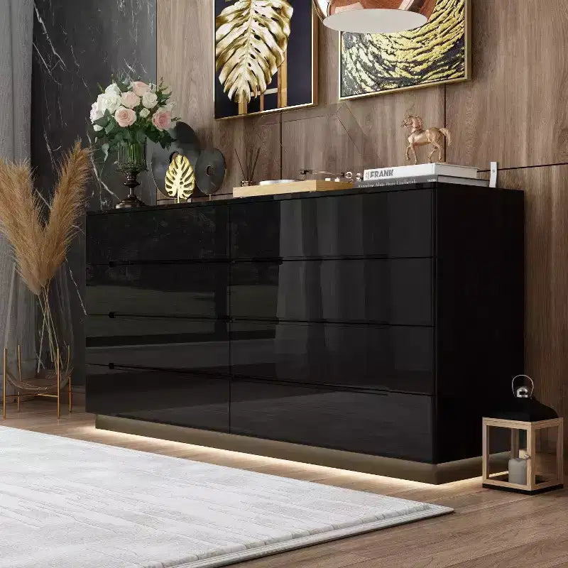 Commode 8 tiroirs avec éclairage intégré, finition brillante, style moderne