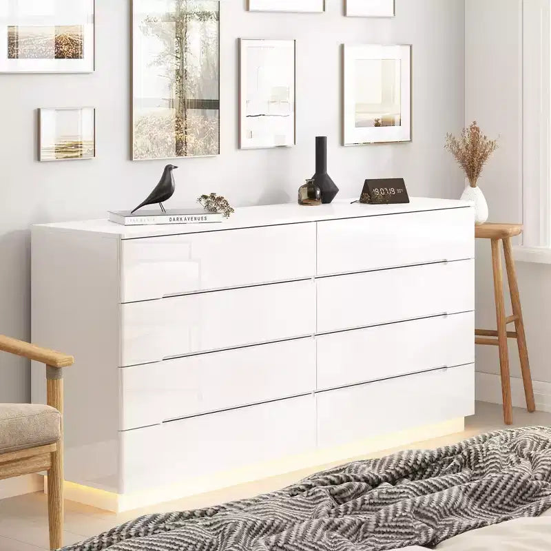 Hitow 8 Drawer Dresser with Underlight High Gloss Finish Modern Chest of Drawers