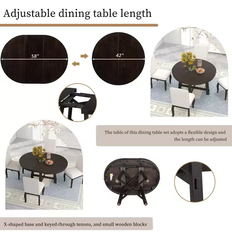 Table à manger de style rustique à base en X à 4 pieds avec rallonge de 40,6 cm