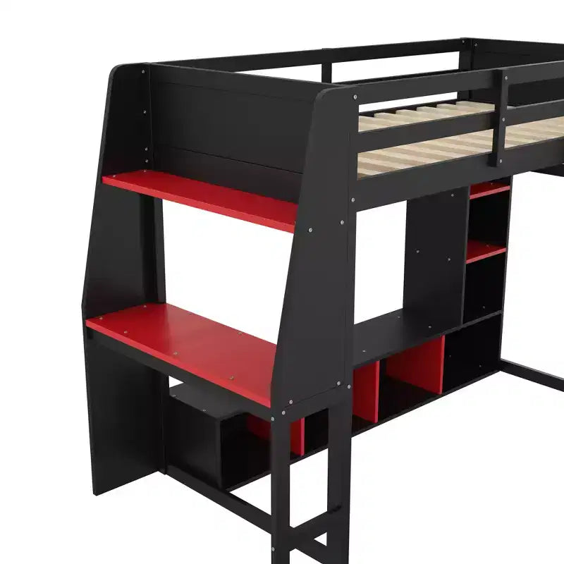 Lit mezzanine de jeu simple/double avec bureau, lumières LED, étagères de rangement multiples