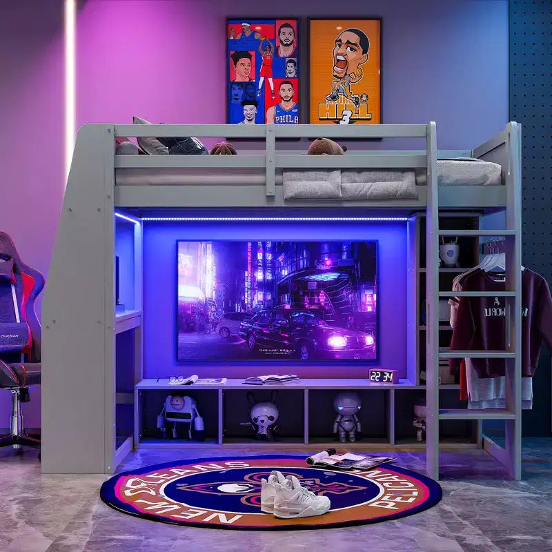 Lit mezzanine de jeu simple/double avec bureau, lumières LED, étagères de rangement multiples