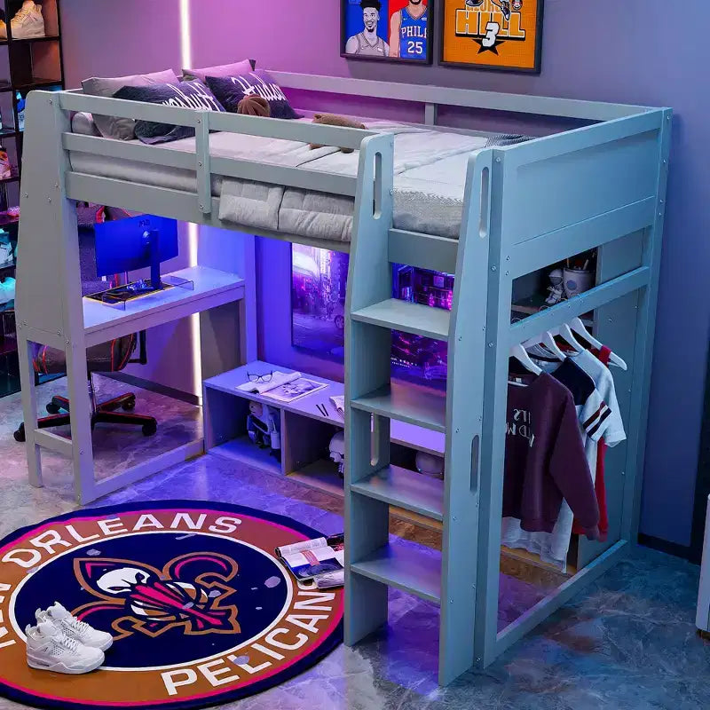 Lit mezzanine de jeu simple/double avec bureau, lumières LED, étagères de rangement multiples