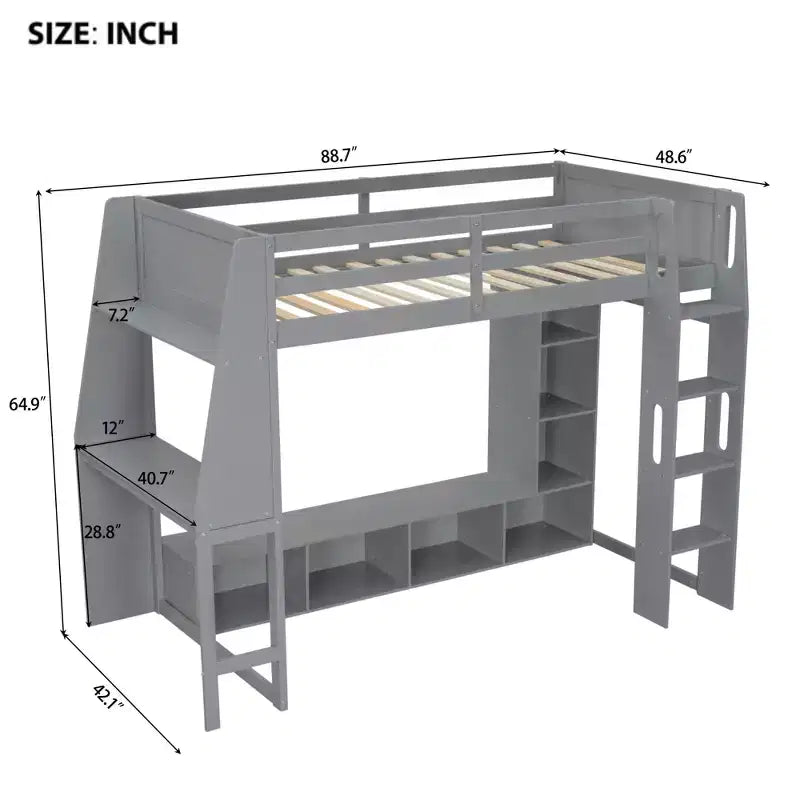 Lit mezzanine de jeu simple/double avec bureau, lumières LED, étagères de rangement multiples
