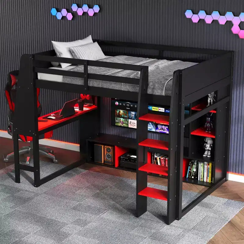 Lit mezzanine de jeu simple/double avec bureau, lumières LED, étagères de rangement multiples