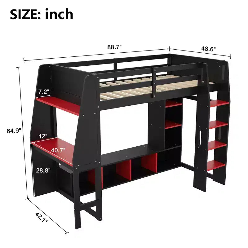 Lit mezzanine de jeu simple/double avec bureau, lumières LED, étagères de rangement multiples