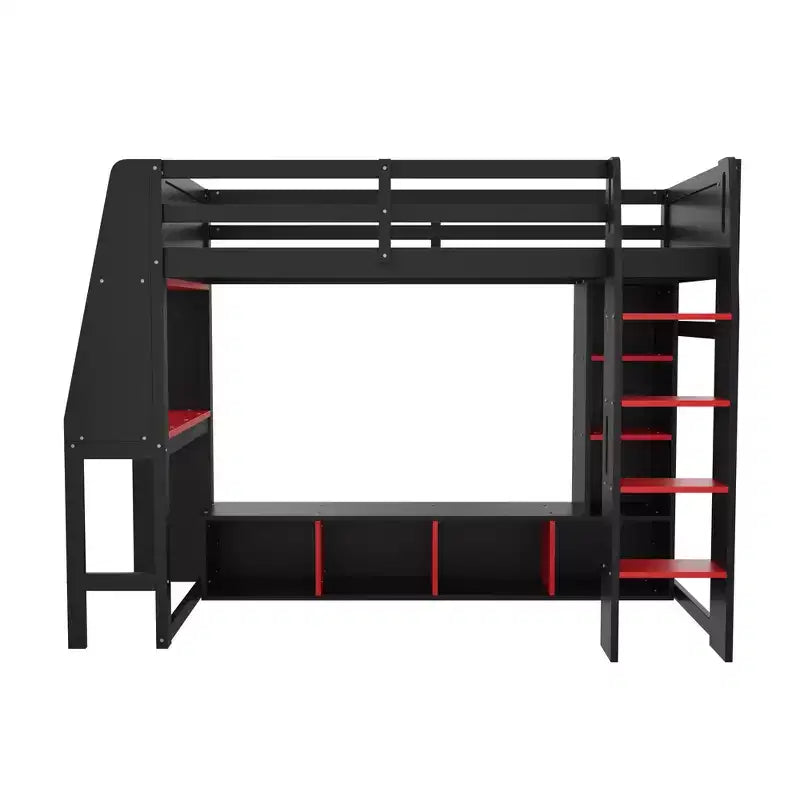 Lit mezzanine de jeu simple/double avec bureau, lumières LED, étagères de rangement multiples
