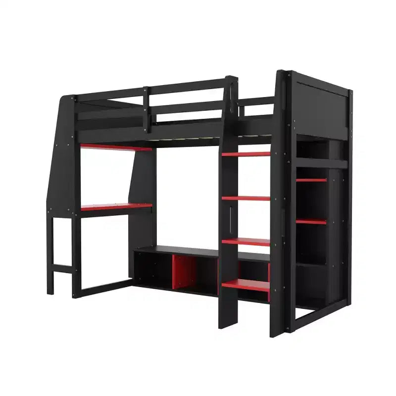 Lit mezzanine de jeu simple/double avec bureau, lumières LED, étagères de rangement multiples
