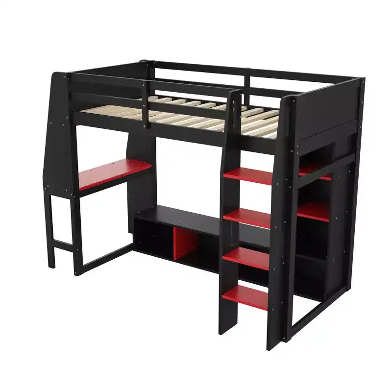 Lit mezzanine de jeu simple/double avec bureau, lumières LED, étagères de rangement multiples