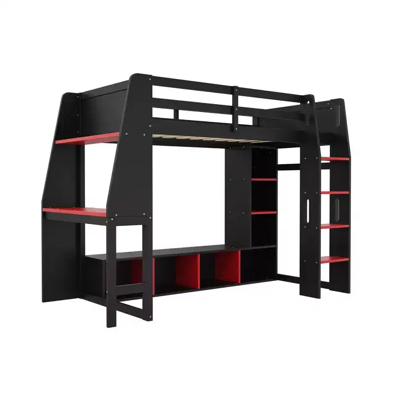 Lit mezzanine de jeu simple/double avec bureau, lumières LED, étagères de rangement multiples