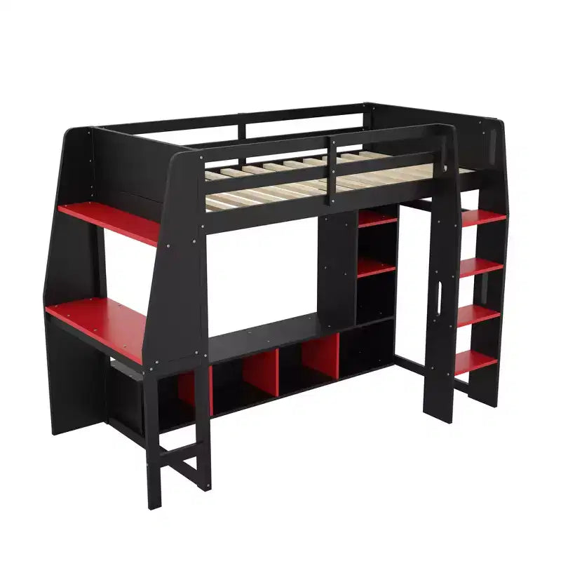 Lit mezzanine de jeu simple/double avec bureau, lumières LED, étagères de rangement multiples