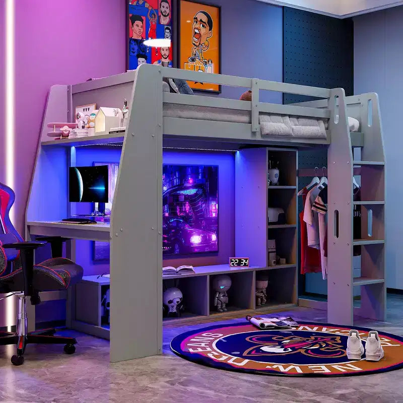 Lit mezzanine de jeu simple/double avec bureau, lumières LED, étagères de rangement multiples
