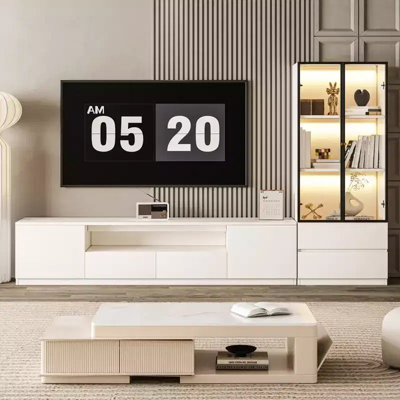 ATJafurn Modern White Living Room Media Center Set for 85 Inch TV, Includes TV Stands, Glass Display Cabinet and Nightstand for Apartment