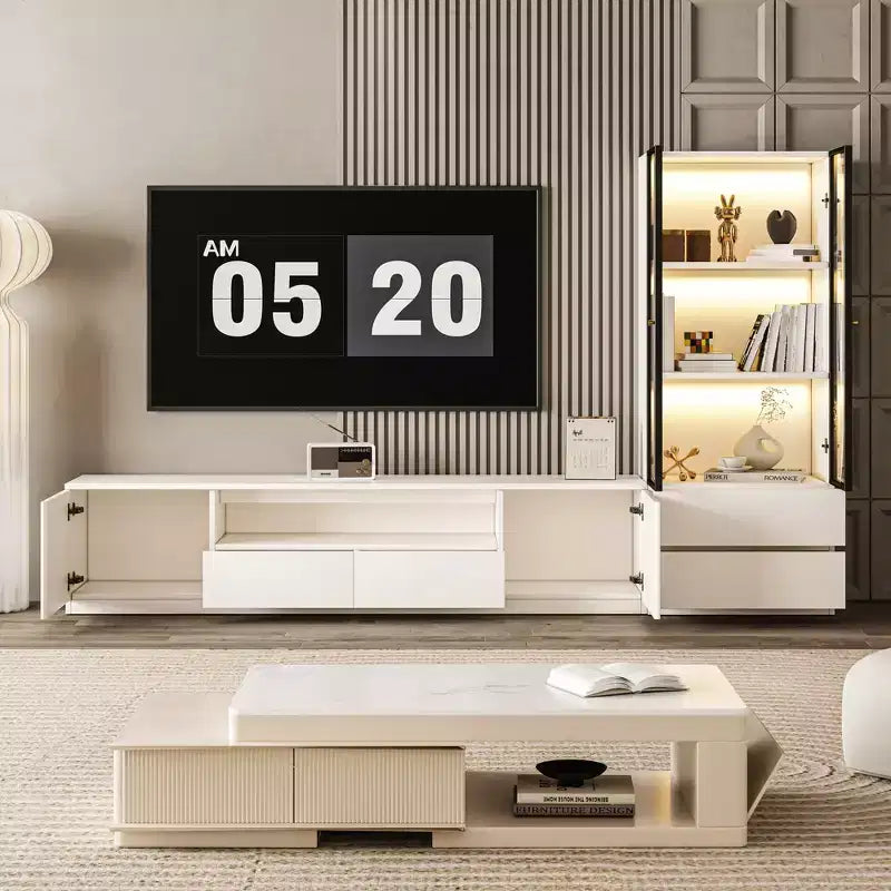 Meuble TV mural moderne blanc pour téléviseur de 85 pouces, comprend des supports TV
