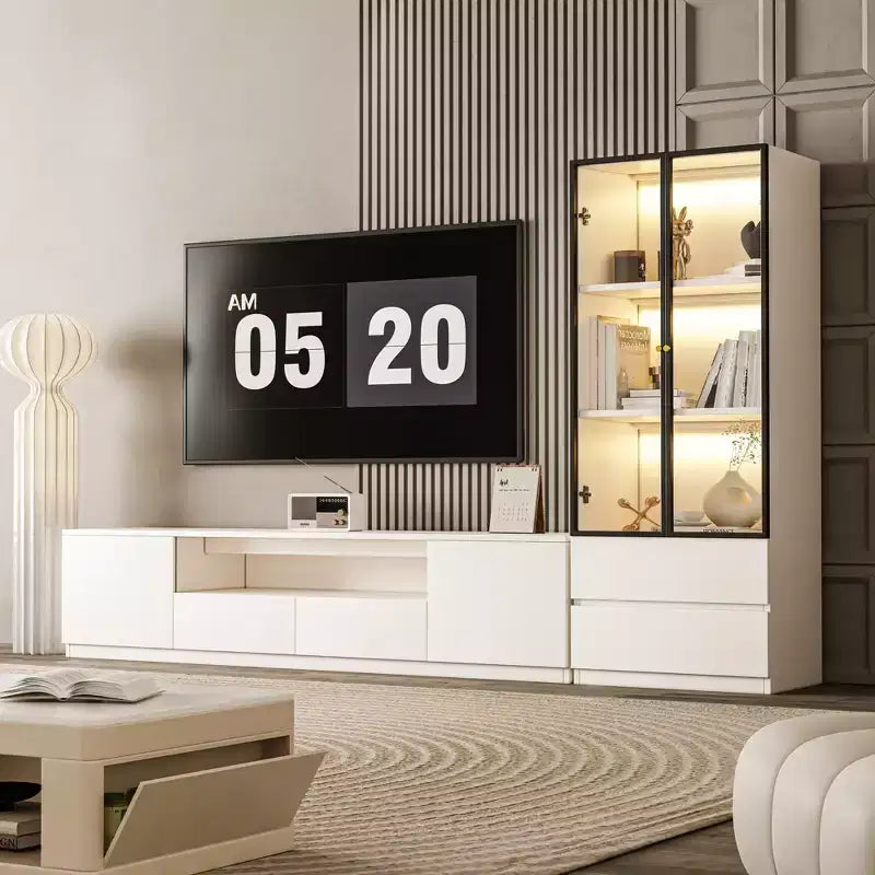 Meuble TV mural moderne blanc pour téléviseur de 85 pouces, comprend des supports TV
