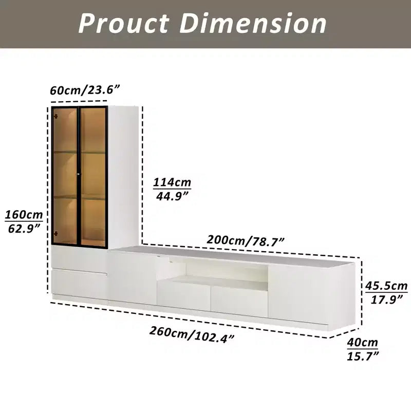 Meuble TV mural moderne blanc pour téléviseur de 85 pouces, comprend des supports TV