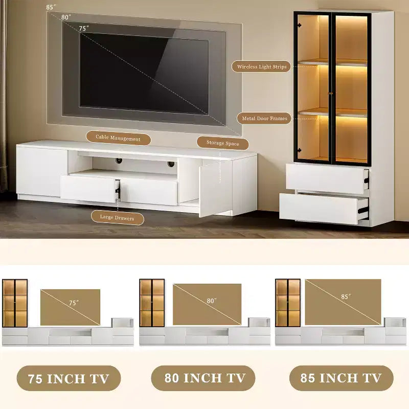 Meuble TV mural moderne blanc pour téléviseur de 85 pouces, comprend des supports TV
