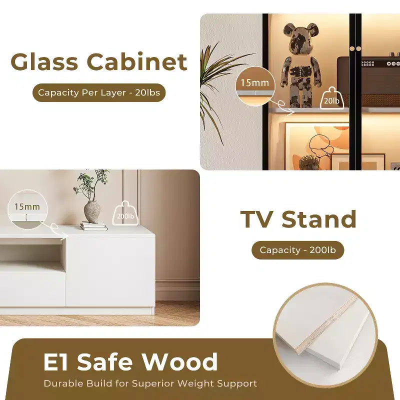 Meuble TV mural moderne blanc pour téléviseur de 85 pouces, comprend des supports TV