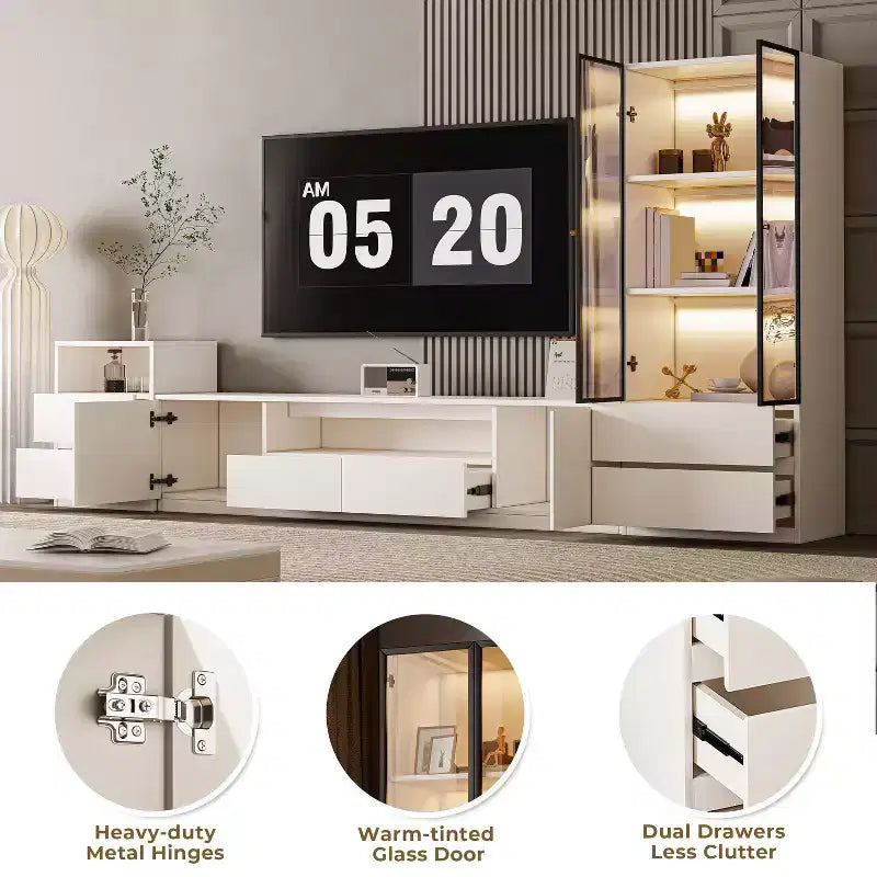 Meuble TV mural moderne blanc pour téléviseur de 85 pouces, comprend des supports TV