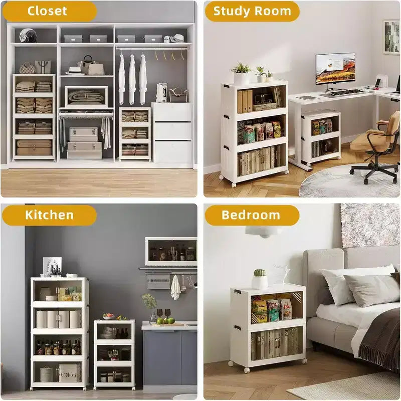 Boîte de rangement pliable à porte transparente et large, organisateur à 4 niveaux de grande capacité