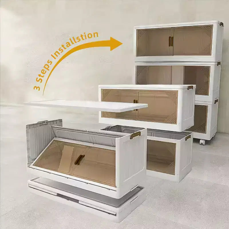 Boîte de rangement pliable à porte transparente et large, organisateur à 4 niveaux de grande capacité