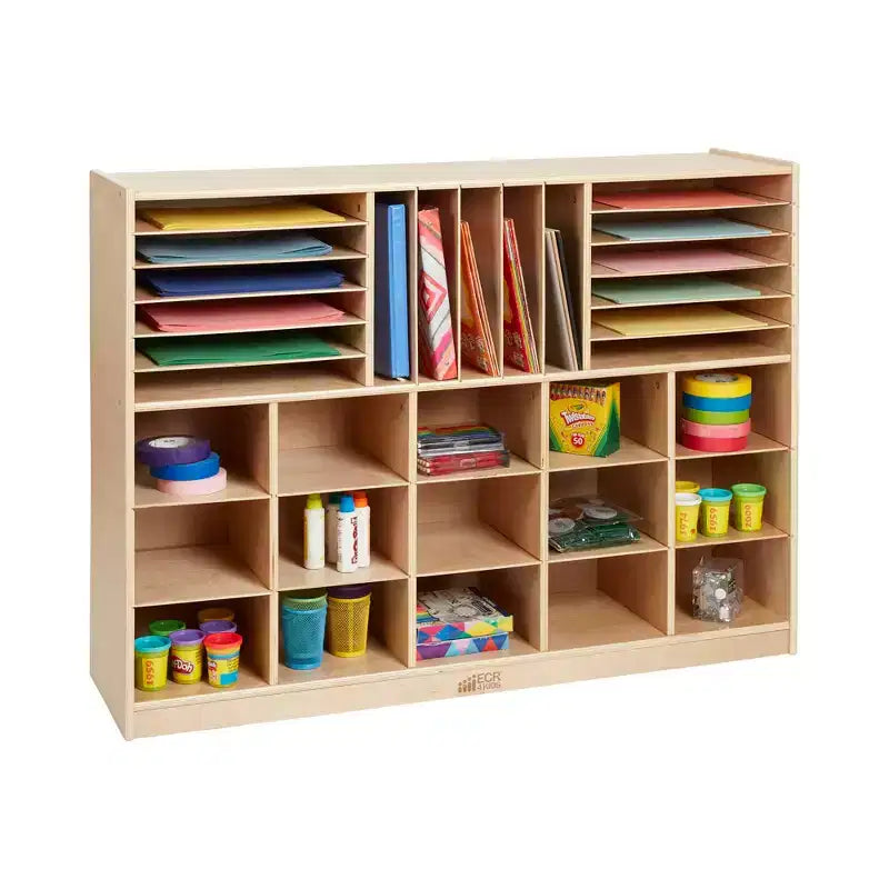 Meuble de rangement mobile multi-sections à plateaux avec compartiments de rangement cubiques