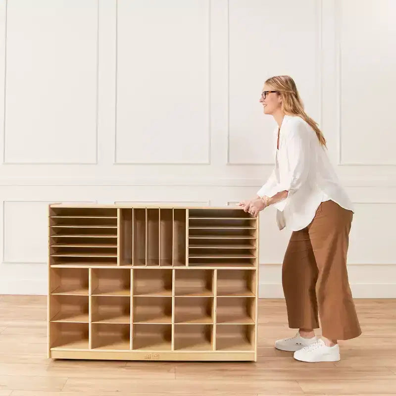 Meuble de rangement mobile multi-sections à plateaux avec compartiments de rangement cubiques
