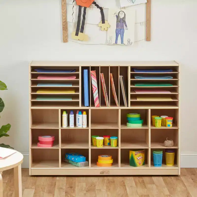 Meuble de rangement mobile multi-sections à plateaux avec compartiments de rangement cubiques
