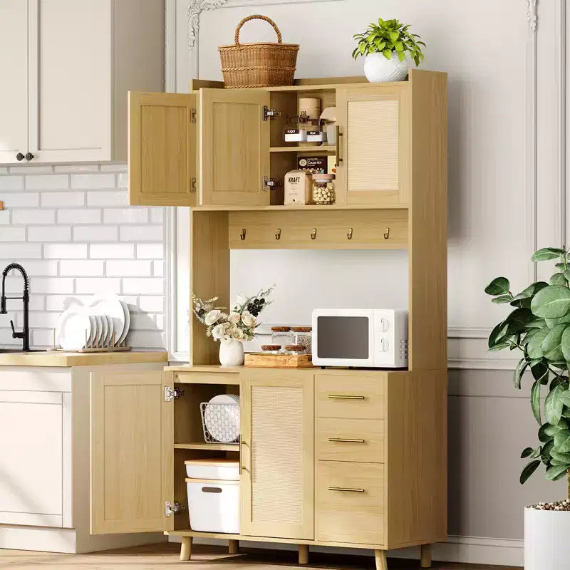 Freestanding Hutch with Drawers,Rattan Pantry Cabinet,Doors and Hooks for Living Room, Dining Room,