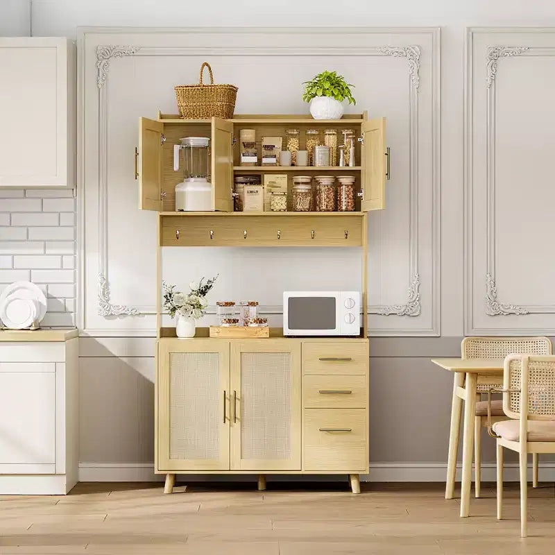 Haut de Vaisselier Indépendant avec Tiroirs, Armoire de Rangement en Rotin, Portes et Crochets
