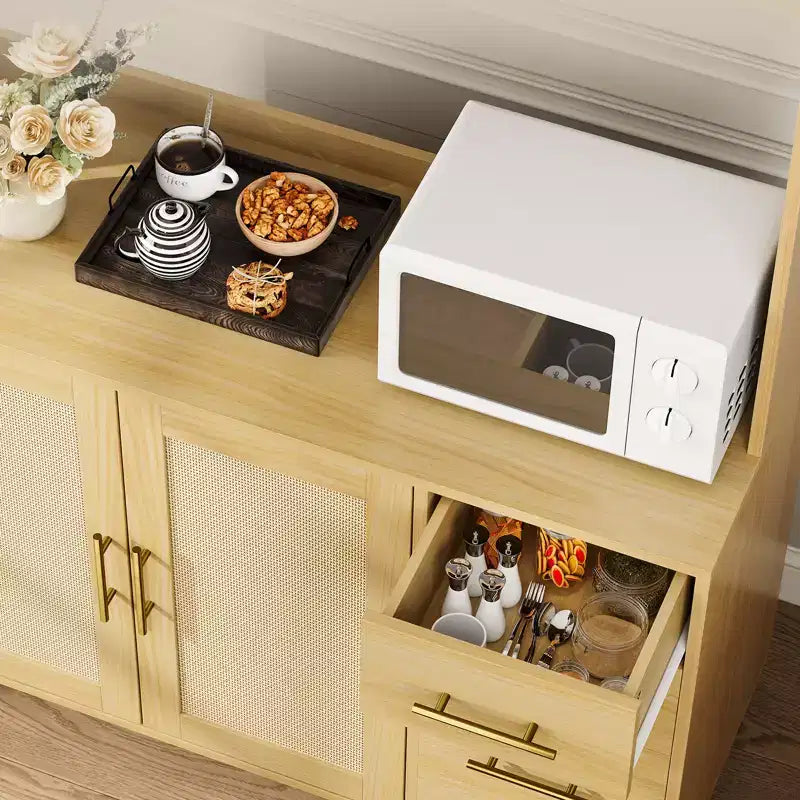 Haut de Vaisselier Indépendant avec Tiroirs, Armoire de Rangement en Rotin, Portes et Crochets