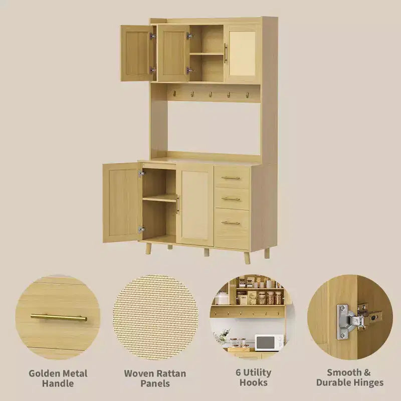 Haut de Vaisselier Indépendant avec Tiroirs, Armoire de Rangement en Rotin, Portes et Crochets