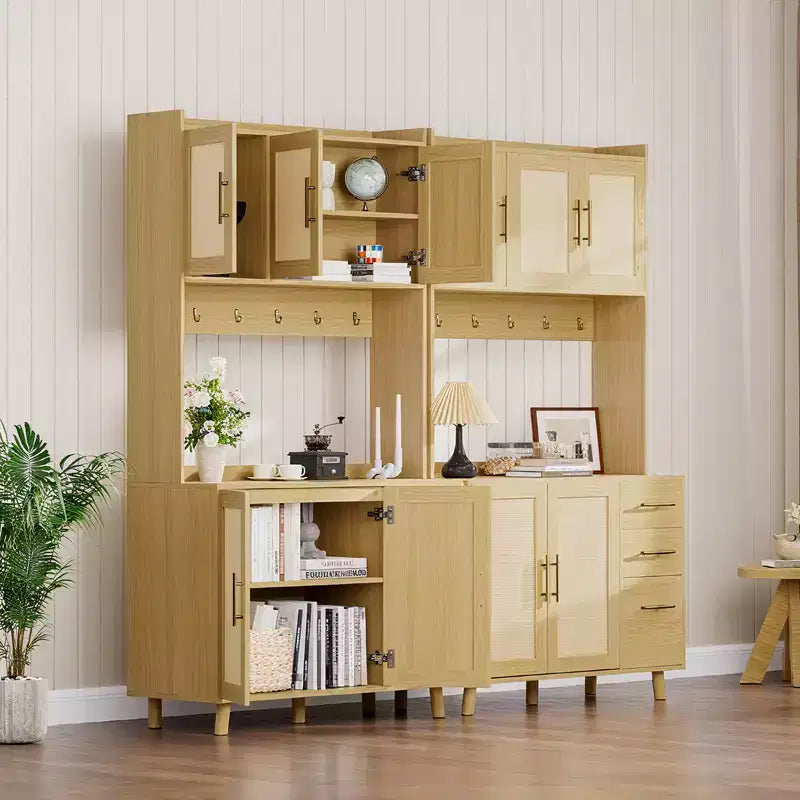 Haut de Vaisselier Indépendant avec Tiroirs, Armoire de Rangement en Rotin, Portes et Crochets