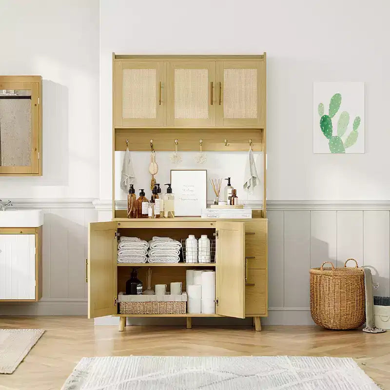 Haut de Vaisselier Indépendant avec Tiroirs, Armoire de Rangement en Rotin, Portes et Crochets