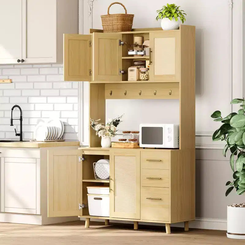 Haut de Vaisselier Indépendant avec Tiroirs, Armoire de Rangement en Rotin, Portes et Crochets
