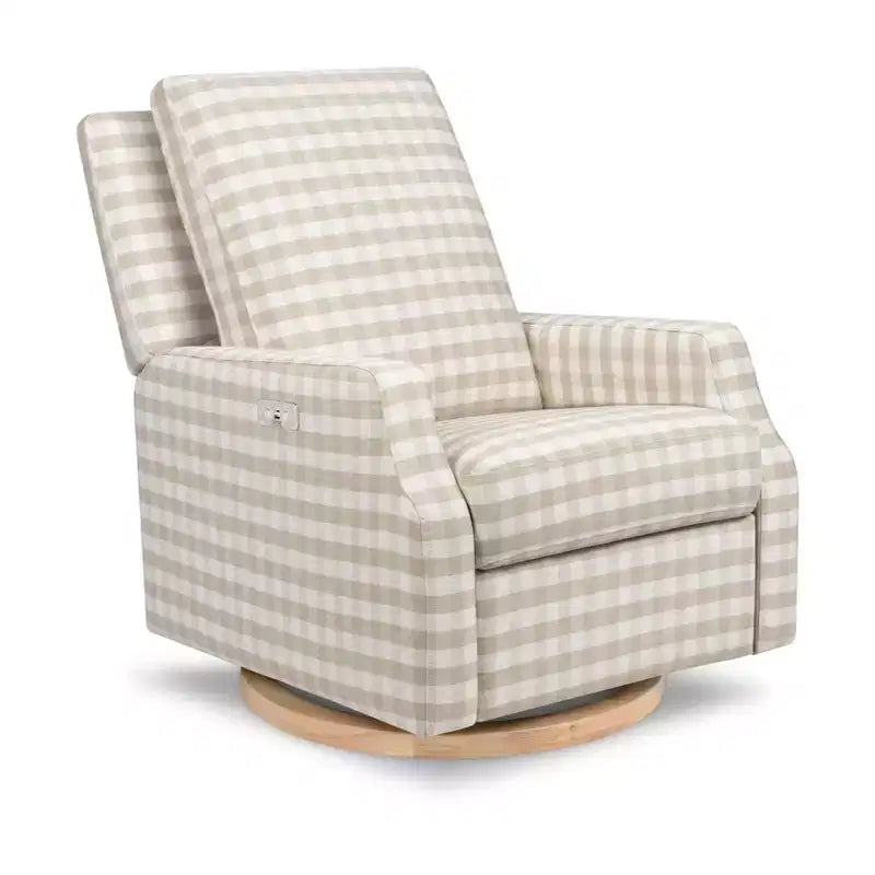 Namesake Crewe Electronic Recliner and Swivel Glider - Tan Gingham with Light Wood Base