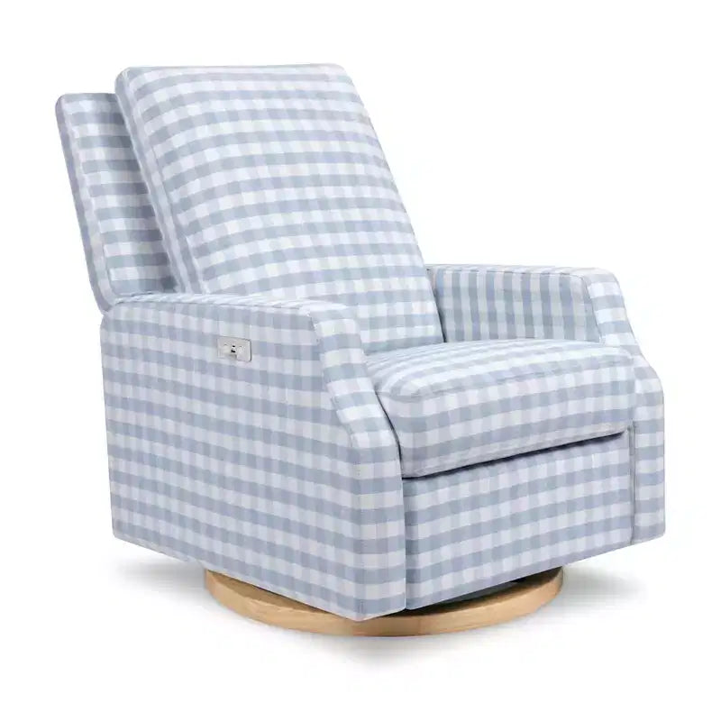 Fauteuil inclinable électronique et planeur pivotant - Gingham beige avec base en bois clair