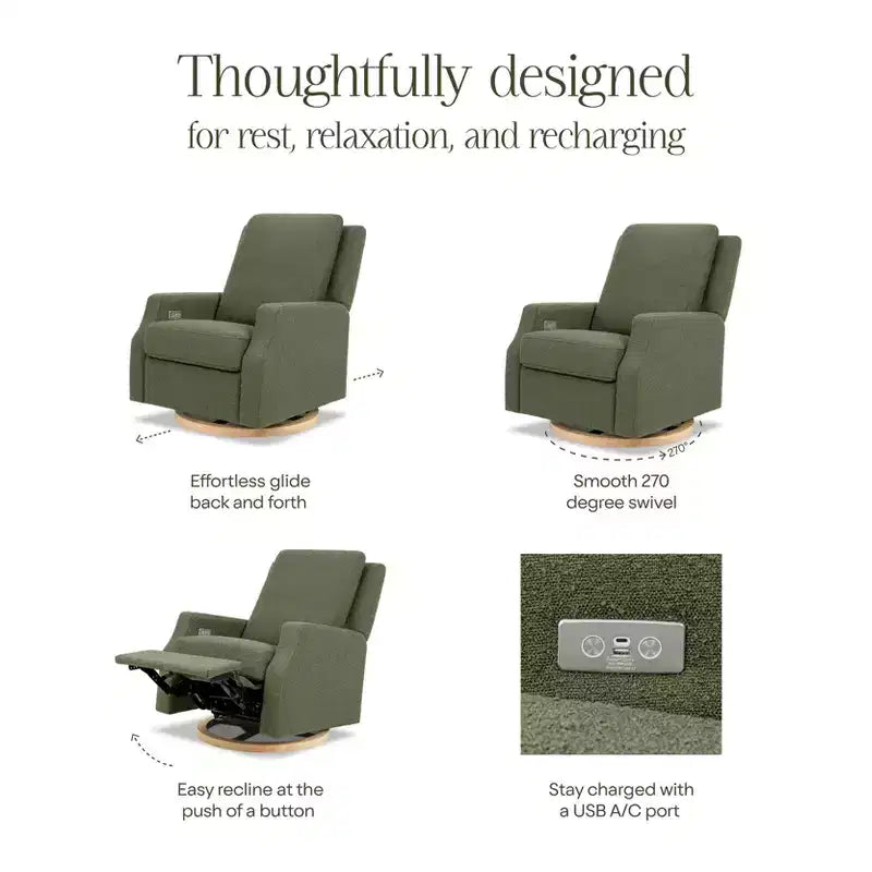 Fauteuil inclinable électronique et planeur pivotant - Gingham beige avec base en bois clair