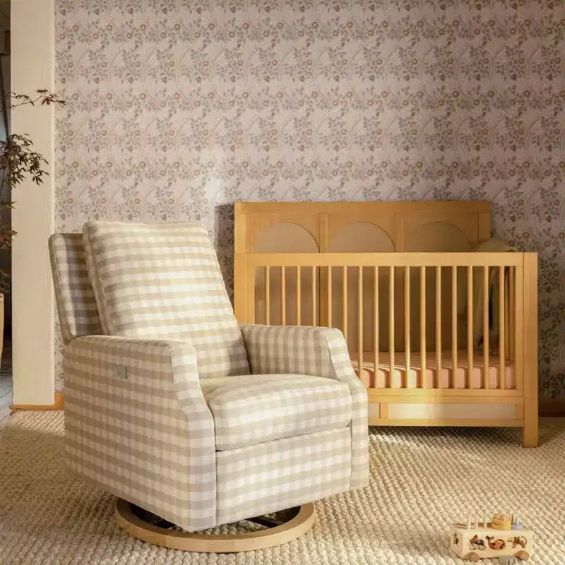 Fauteuil inclinable électronique et planeur pivotant - Gingham beige avec base en bois clair