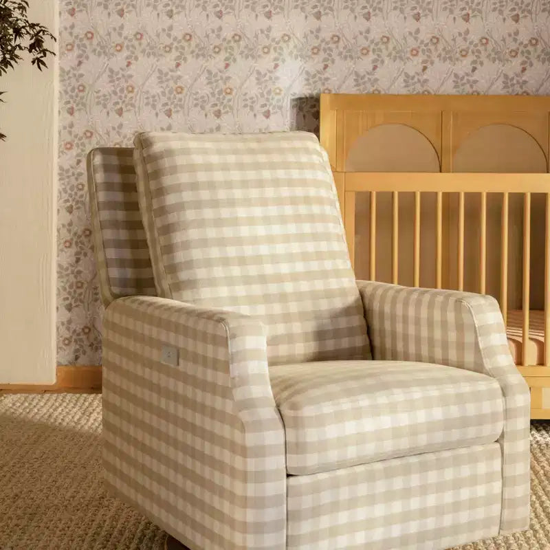 Fauteuil inclinable électronique et planeur pivotant - Gingham beige avec base en bois clair