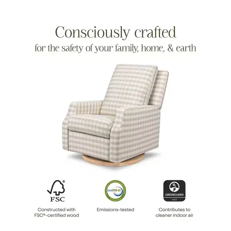 Fauteuil inclinable électronique et planeur pivotant - Gingham beige avec base en bois clair