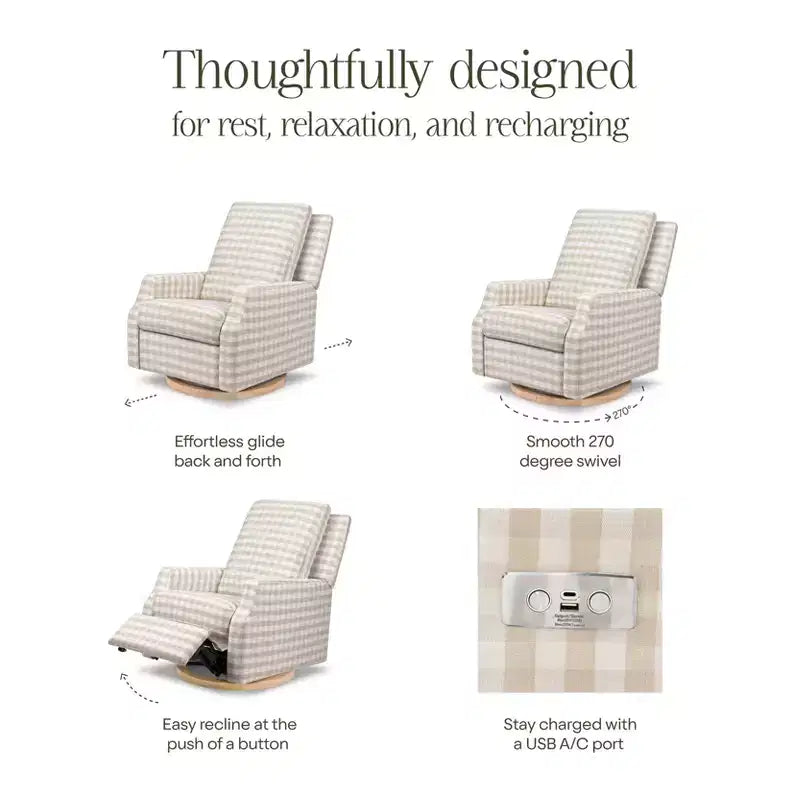 Fauteuil inclinable électronique et planeur pivotant - Gingham beige avec base en bois clair