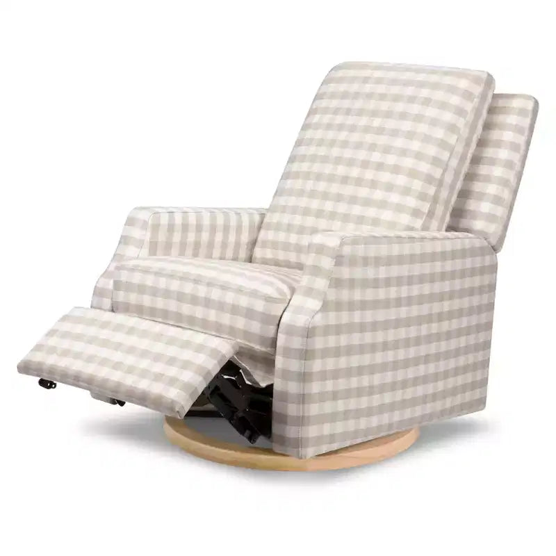 Fauteuil inclinable électronique et planeur pivotant - Gingham beige avec base en bois clair