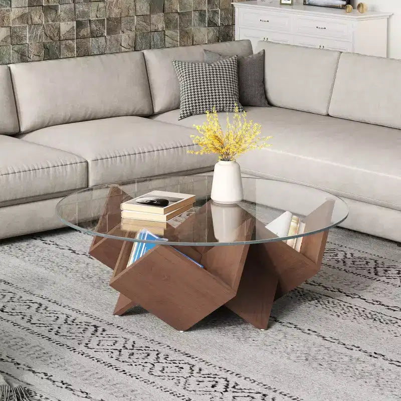 Zeus & Ruta 35.4 Walnut Round Coffee Table with Glass Top, Geometric Art Deco Base & Storage Shelves