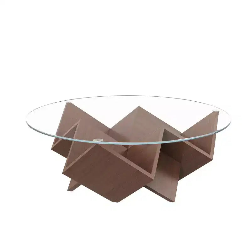 Table basse ronde en noyer avec plateau en verre, piètement géométrique Art déco et étagères de rangement