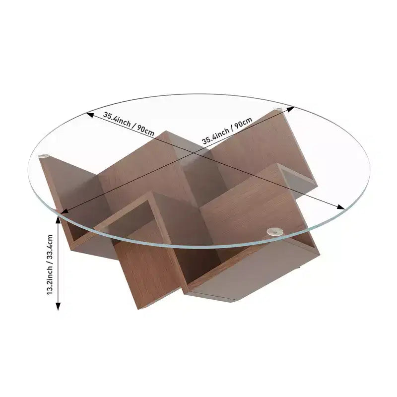 Table basse ronde en noyer avec plateau en verre, piètement géométrique Art déco et étagères de rangement
